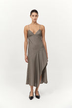 Load image into Gallery viewer, Asymmetric Slip Dress, Khaki Pinstripe
