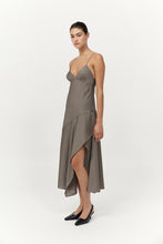 Load image into Gallery viewer, Asymmetric Slip Dress, Khaki Pinstripe
