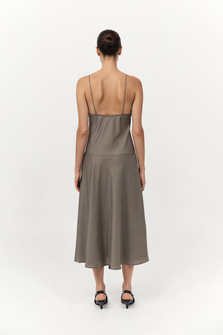 Asymmetric Slip Dress, Khaki Pinstripe