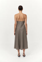Load image into Gallery viewer, Asymmetric Slip Dress, Khaki Pinstripe
