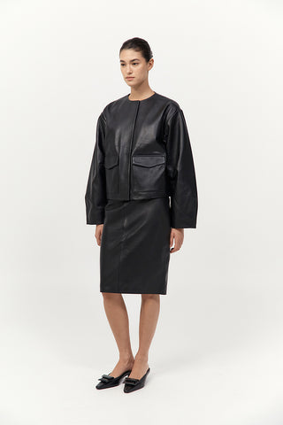Utility Cocoon Leather Bomber, Black