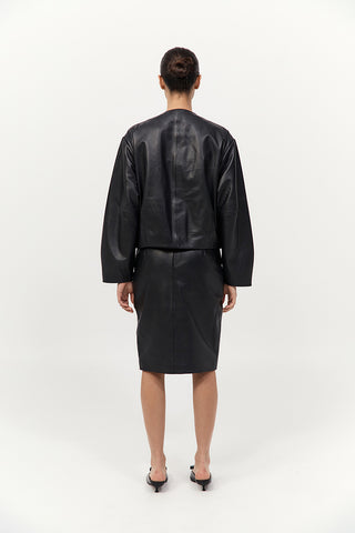 Utility Cocoon Leather Bomber, Black