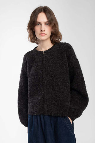 Boucle Zip Cardigan, Charcoal
