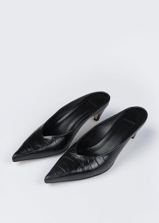 Leather Pointy Mule Crocodile, Black