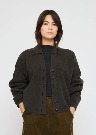 Collared Cropped Cardigan, Olive Brown