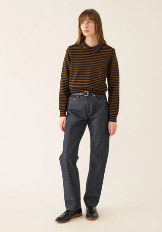 Nadia Stripe Wool Cotton Polo Sweater, Navy/Caramel