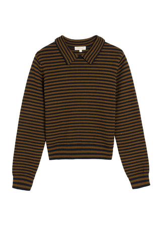 Nadia Stripe Wool Cotton Polo Sweater, Navy/Caramel