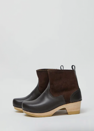 5" Pull on Shearling Clog Boot on Mid Heel, Umber