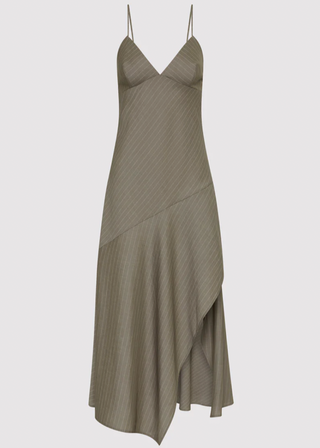Asymmetric Slip Dress, Khaki Pinstripe