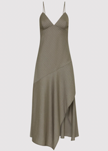 Load image into Gallery viewer, Asymmetric Slip Dress, Khaki Pinstripe
