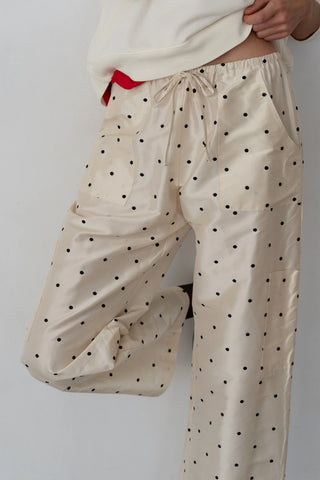 The Taffeta Drawstring Cargo Pant, Creme/Walnut Polka Dots