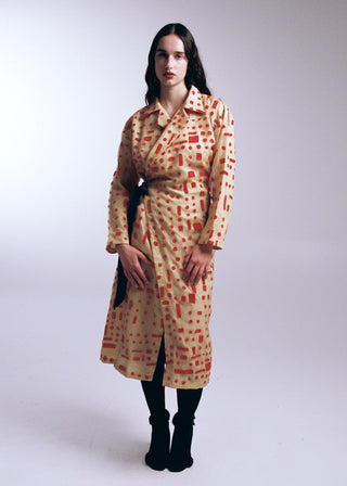 Hand Embroidered Puzzle Coat, Sand/Red
