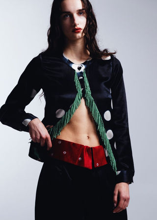 Moon Dye Cardigan with Beaded Fringe, Black/White/Turquoise